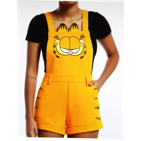 Hot Topic Nickelodeon Garfield Cat Face Orange Overall Shorts Suspenders Costume - Picture 14 of 16